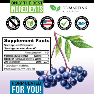 1200Mg Quercetin, Zinc & Elderberry Supplement Antioxidant For Seasonal Sinus Relief, Immune System & Cardiovascular Health Maintains Inflammatory & Immune Responses 120 Capsules Men & Women
