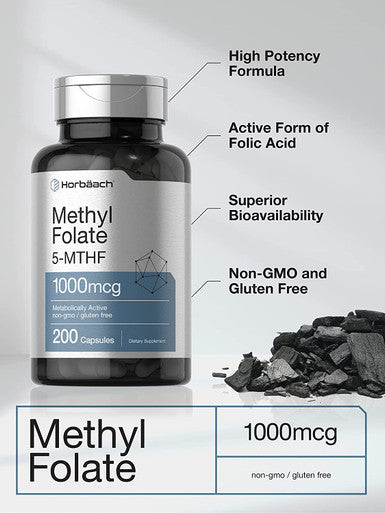 Horbaach Methyl Folate 1000 mcg 200 Capsules 5-MTHF Folic Acid Supplement Non-GMO Gluten Free Methylfolate by Horbaach