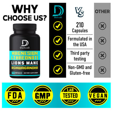 Dedicad Magnesium L-Threonate Capsules With Lions Mane Mushroom & Ashwagandha Root - 210 Capsules - 1000Mg Per Serving
