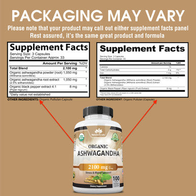 NaturaLife Labs Organic Ashwagandha 2100 mg - 100 Veggie Capsules