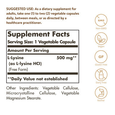 Solgar L-Lysine 500 Mg 250 Vegetable Capsules - Enhanced Absorption & Assimilation - Promotes Integrity Of Skin & Lips - Collagen Support - Amino Acids - Non-Gmo Vegan Gluten Free - 250 Servings