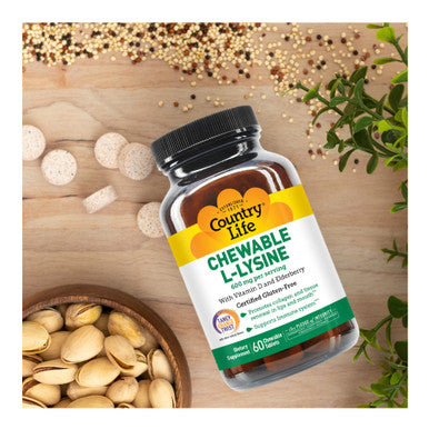 Country Life Chewable L-Lysine 600Mg - 60 Tabs - Supports Immune Health - Supports Natural Collagen Production - Vitamin D - Elderberry - Great Taste