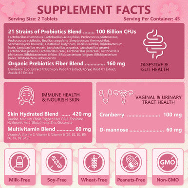 Probiotics For Women Digestive Health, Womens Probiotic For Gut Health With D-Mannose & Cranberry, 100 Billion Cfus For Skin