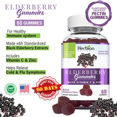 Herbion Naturals Elderberry Gummies with Vitamin C Zinc Healthy Immune System Support Gummies 60 Count Pectin Gummies
