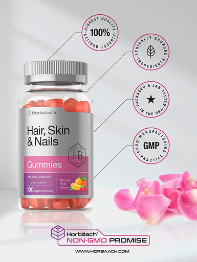 Hair Skin and Nails Gummies 100 Count with Biotin Fruit Flavored Vitamins Non GMO Gluten Free by Horbaach