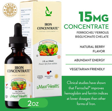 Maxi Health Liquid Iron Supplement for Women Men and Kids - 15 mg Per ML Berry Flavored - High Potency - Easy to Mix for Immediate Absorption - Increase Energy and Blood Levels Without Nausea or Constipation