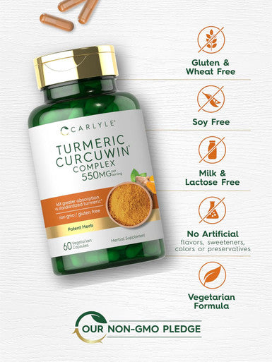 Carlyle Turmeric Supplement 550mg | 60 Capsules | CurcuWin Extract Complex | Vegetarian Non-GMO Gluten