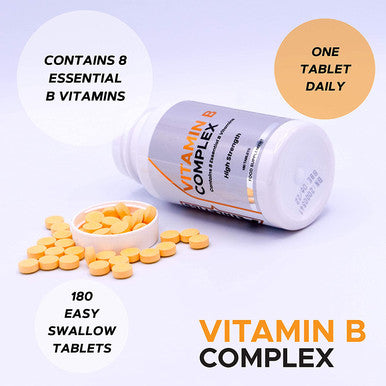 Vitamin B Complex - 180 High Strength Tablets 100 NRV% - 8 Essential B Vitamins - Vitamins B1, B2, B3, B5, B6, B12, Biotin & Folic Acid - UK Made Vegetarian & Vegan