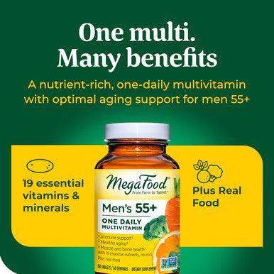 MegaFood Men'S 55+ One Daily - Multivitamin For Men With B12 C And D Vitamins And Zinc - Optimal Aging And Muscle And Bone Health - Vegetarian - Made Without 9 Food Allergens - 90 Tabs