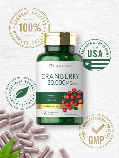 Carlyle Cranberry Supplement | 30000mg | 90 Capsules | Non-GMO and Gluten Formula | Cranberry Pills from Concentrate Extract