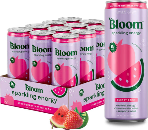 Bloom Nutrition Sparkling Energy Drink for Focus, Natural Caffeine, Zero Sugar, 180mg Caffeine, Antioxidant-Rich with Green Coffee Bean, Green Tea Extract, & Prebiotics, Raspberry Lemon 12oz 12 Pack