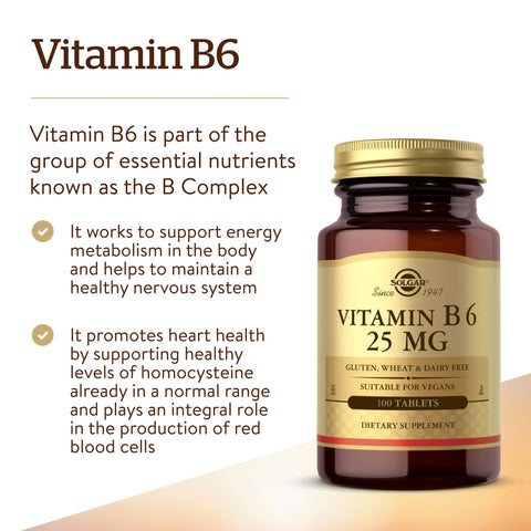 Solgar Vitamin B6 25 Mg 100 Tablets - Supports Energy Metabolism Heart Health & Healthy Nervous System - B Complex Supplement - Vegan Gluten Free Dairy Free Kosher 100 Servings