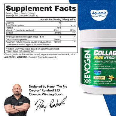Evogen Collagen Plus Hydration - Grass-Fed Collagen for Women & Men | Collagen Peptides Powder | Collagen Powder Supporting Skin Vitality Hydration Joint & Tissue Health | Vanilla Bean | 30 Servings
