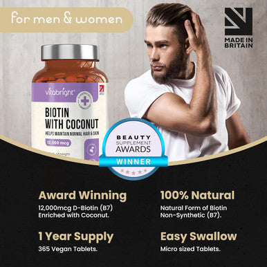 Biotin Hair Growth Vitamins 12000Mcg, 400 D-Biotin Tablets With Coconut, Vegan Hair Skin & Nails Vitamins For Women And Men High Strength Fast Hair Vitamins, Vitabright Vitamin B7 Biotin For Hair