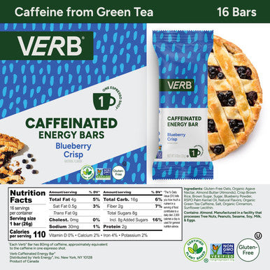 Verb Energy - Blueberry Crisp Caffeinated Snack Bars - 110-Calorie Energy Bar - Keto Friendly Nutrition Bars - Vegan Snacks - Gluten With Organic Green Tea, 26G (Pack Of 16)