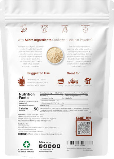 Micro Ingredients Organic Sunflower Lecithin Powder, 1 Pound, Sustainable Farmed, Cold Pressed, Rich In Phosphatidyl Choline And Protein, Making Liposomal Vitamin C, Lactation Supplement, Non-Gmo