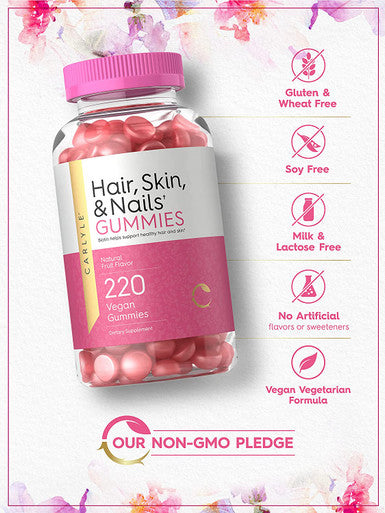 Carlyle Hair, Skin and Nails Gummies | 220 Count | Fruit Flavor Gummy Vitamins | with Biotin | Non-GMO, Vegan, Gluten Free