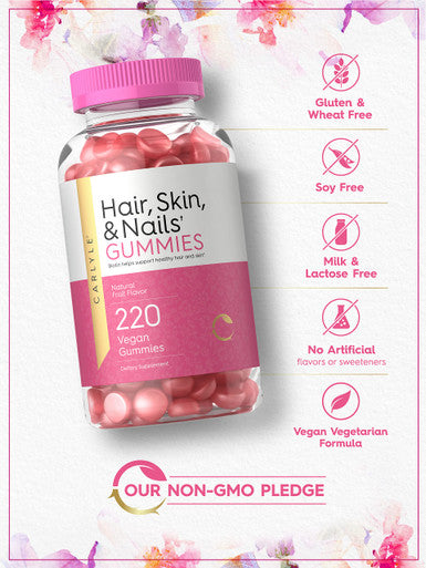 Hair, Skin And Nails Gummies | 220 Count | Fruit Flavor Gummy Vitamins | With Biotin | Non-Gmo, Gluten Free | By Carlyle