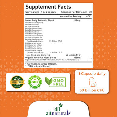 Aitnaturals Probiotics Men's - 50 Billion (30 Capsules) | Support Immune Function Digestion Respiratory Health Bowel Movement weight management | Non-GMO Gluten