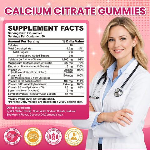 Sept Yan Calcium Citrate Gummies 1200 Mg Calcium Gummies Supplements For Women & Men With Vitamin D3 K2 Magnesium Zinc B6 & B12 High Absorption For Bone Muscle & Immune Support Strawberry Flavor60 Ct