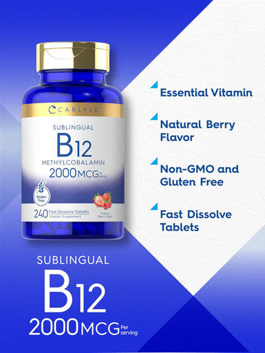 Carlyle Vitamin B-12 | 2000mcg | 240 Fast Dissolve Tablets | Methylcobalamin | Natural Berry Flavor | Vegetarian Non-GMO & Gluten Sublingual Supplement