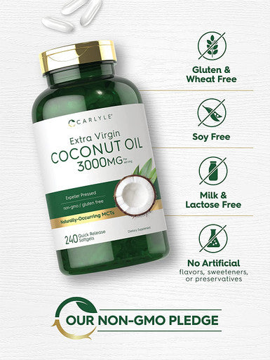 Coconut Oil Softgel Capsules | 3000 mg | 240 Count | Non-GMO and Gluten Free Extra Virgin Supplement | Naturally Occurring MCTs | by Carlyle