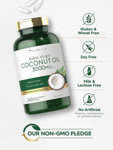 Carlyle Coconut Oil Extra Virgin Softgel Capsules | 3000mg | 240 Count | Naturally Occurring MCTs | Non-GMO and Gluten Supplement