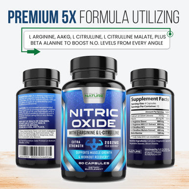 Built Nature Nitric Oxide Supplement L Arginine Extra Strength - Citrulline Malate, Aakg, Beta Alanine - Premium Muscle Supporting Nitric Booster For Strength & Energy To Train Harder - 60 Capsules