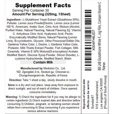 BB LAB Glutathione White Film 320mg*30pcs Korea Glutathione Direct Film Quick Absorption Oral Dissolving Film Contain Vitamin C