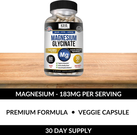 Kaya Naturals Magnesium Glycinate 183mg per Caps Chelated for Maximum Absorption NonGMO NO Gluten Dairy and Soy Supports Muscle and Heart Health 30 Count