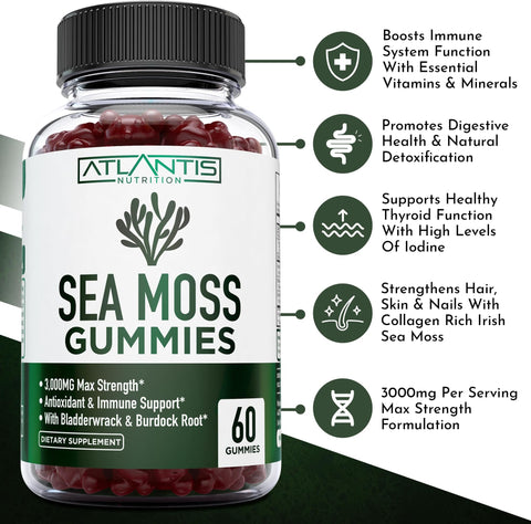 Irish Sea Moss Gummies 3000MG Formulated w/ Irish Sea Moss Bladderwrack and Burdock Root Contain Essential Vitamin and Mineral AntioxidantRich Superfood Supplement 60 Sea Moss Gummies for Adults