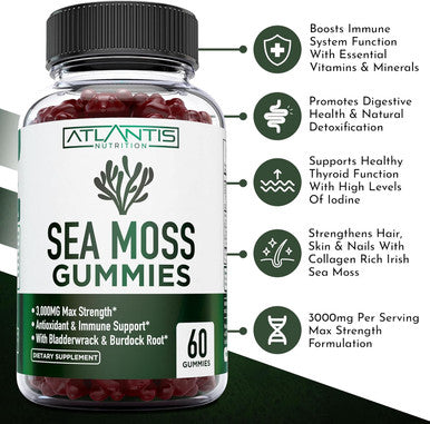 Irish Sea Moss Gummies - 3000Mg - Formulated W/ Irish Sea Moss, Bladderwrack & Burdock Root, Contain Essential Vitamin & Mineral - Antioxidant-Rich Superfood Supplement, 60 Sea Moss Gummies For Adults