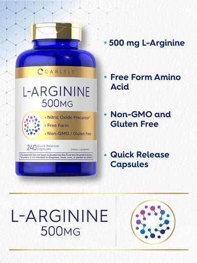 Carlyle L-Arginine 500mg Capsules | 240 Count | Form | Non-GMO & Gluten Supplement