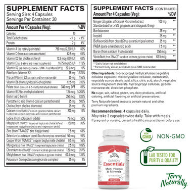 Terry ly Clinical Essentials - 120 Capsules - Multivitamin & Mineral Supplement with 30 Premium Nutrients - Gentle on The Stomach, No Vitamin Aftertaste - Non-GMO, - 30 Servings
