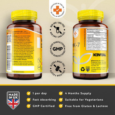 Vitamin D3 4000 Iu & Vitamin K2 100Ug Mk7 (K2Vital ) - Clinically Proven Ingredients Max Strength - 120Capsules Supports Normal Immune System Cholecalciferol & Menaquinone-7 Made In The Uk