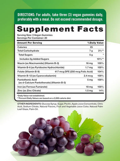 Natures Truth Iron Gummies 60 Count Vegan, Non-Gmo & Gluten Supplement With Zinc & B Vitamins Grape Flavor
