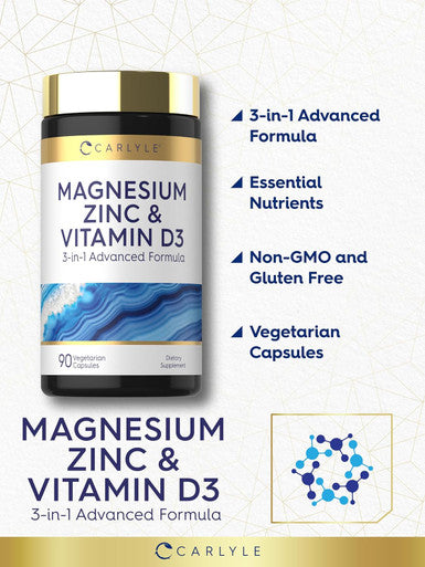 Carlyle Magnesium Zinc And Vitamin D3 90 Capsules 3-In-1 Advanced Formula Vegetarian Non-Gmo And Gluten Free