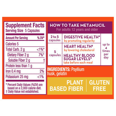 Metamucil Superfiber Psyllium Capsules, Gluten Free And Sugar-Free, 200 Ct