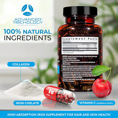 Advanced Trichology Derma-Iron Supplement For Women And Men - Iron Blood Builder Pills For Hair And Skin With Collagen And Natural Vitamin C, Low Iron And Ferritin, Thinning Hair, Hair Loss Support