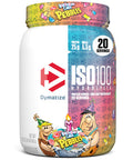 Dymatize x Birthday Cake Pebbles ISO100 Whey Protein Powder Isolate 25g of Protein 20 Servings 55g BCAAs 120 Cal. Gluten Free 1g Fat 1g Sugar 2g Carb
