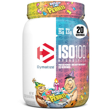 Dymatize x Birthday Cake Pebbles ISO100 Whey Protein Powder Isolate 25g of Protein 20 Servings 55g BCAAs 120 Cal. Gluten Free 1g Fat 1g Sugar 2g Carb