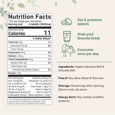 Organic Chlorella Spirulina Tablets, 3000mg , 720 Counts, 4 Months Supply, 50/50 Blend Superfood, No Filler, No Additives, Cracked Cell Wall, Rich in Vegan Protein & Chlorophyll