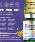 21 Vitamins &Minerals, All-In-One Support, Magnesium For Women And Men Made In Usa, Vitamin A, Vitamin C, Vitamin K2, Vitamin D3, Vitamin E, Vitamin B12, B6, Folate, Biotin, 60 Capsules
