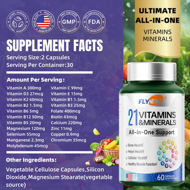 21 Vitamins &Minerals, All-In-One Support, Magnesium For Women And Men Made In Usa, Vitamin A, Vitamin C, Vitamin K2, Vitamin D3, Vitamin E, Vitamin B12, B6, Folate, Biotin, 60 Capsules