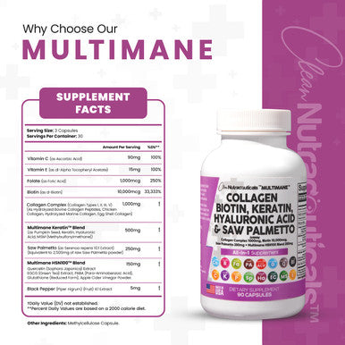 Collagen Pills 1000mg Biotin 10000mcg Keratin Saw Palmetto 2500mg Hyaluronic - Hair Skin and Nails Vitamins and DHT Blocker with Vitamin E Folic Pumpkin Seed MSM - 90 Count