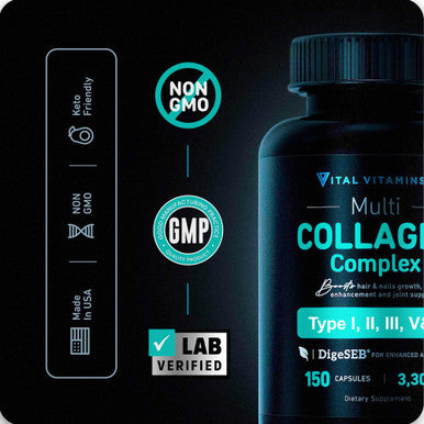 Vital Vitamins Multi Collagen Pills for Women and Men 2 Pack Hydrolyzed Collagen Peptides Type I II III V X Grass Fed Non-GMO