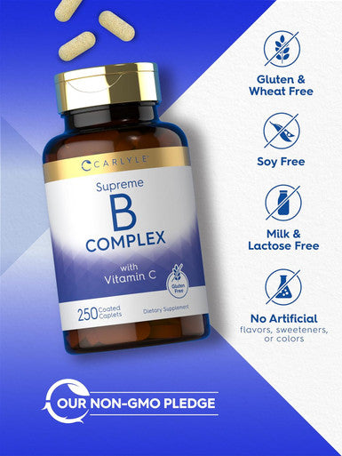 Carlyle Vitamin B Complex Plus Vitamin C | 250 Caplets | Vegetarian Non-GMO and Gluten Supplement