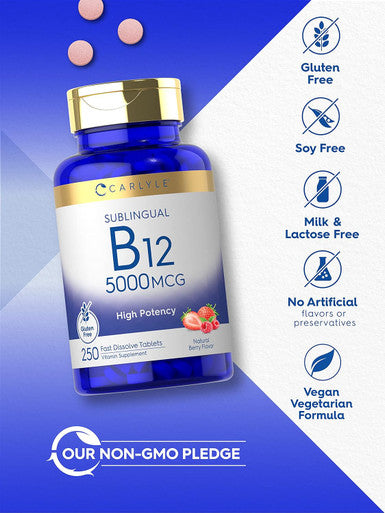 Carlyle Vitamin B12 5000mcg | 250 Fast Dissolve Tablets | Natural Berry Flavor | Vegetarian Non-GMO Gluten