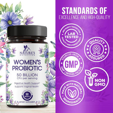 Nature'S Nutrition Probiotics for Women's Digestive Health 50 Billion CFU for Vaginal pH Gut Health & Immune Support Daily Probiotic Supplement for Feminine Health 5 Strains Gluten - 60 Capsules