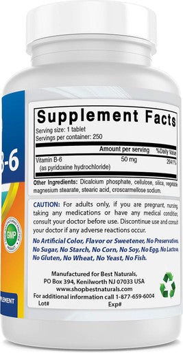 Best Naturals Vitamin B6 50 mg 250 Tablets